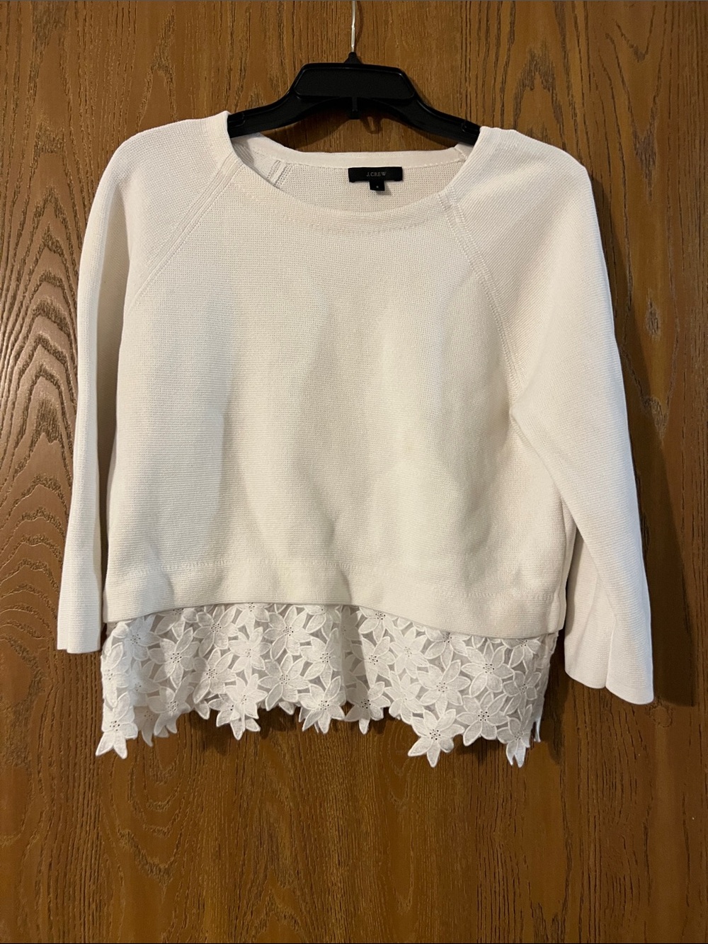 J. Crew White Crewneck Sweater with Floral Lace Hem